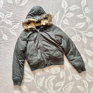 American Eagle Bomber Faux Fur Hood Puffer Olive Green
